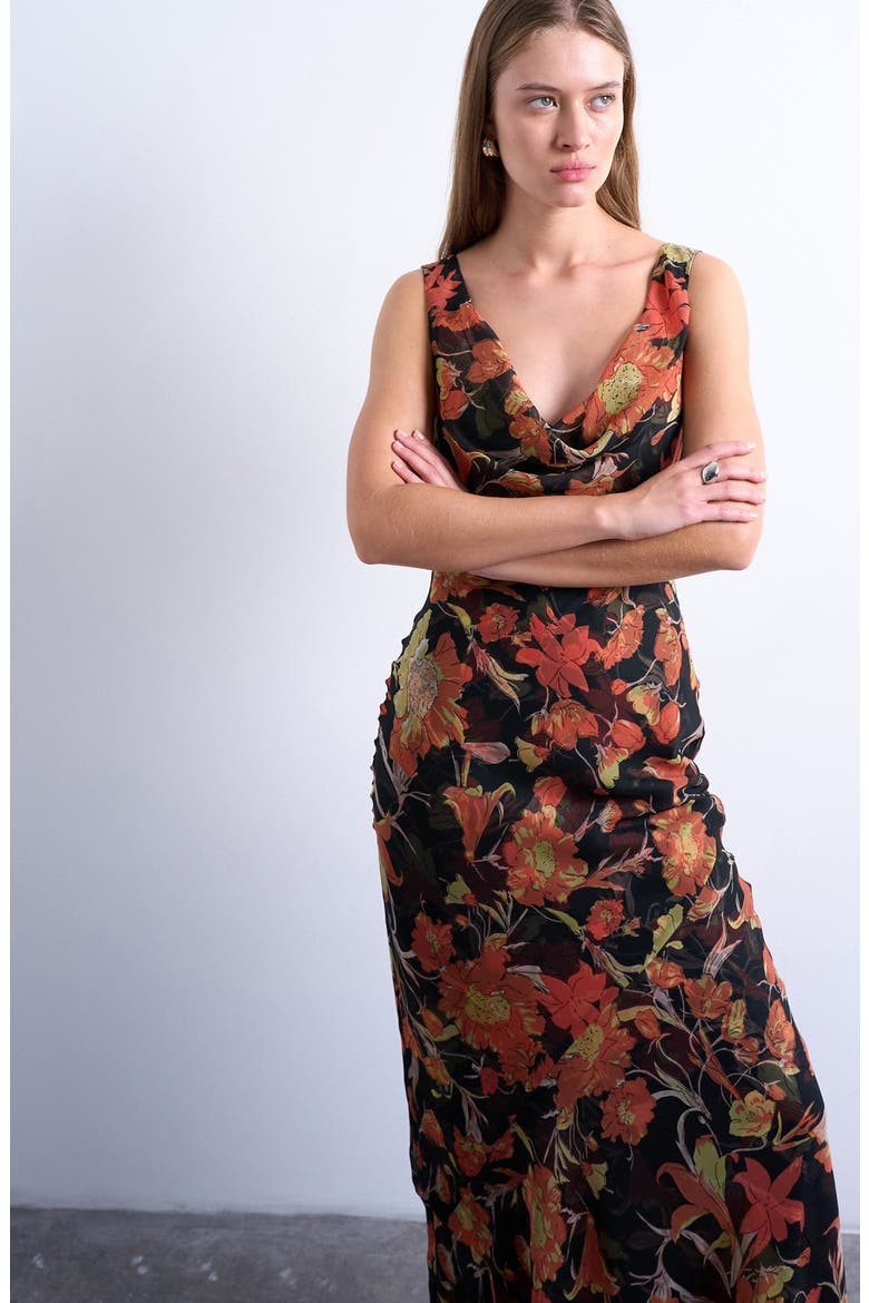 Floral Cowl Neck Chiffon Maxi Dress, Alternate, color, BLACK MULTI