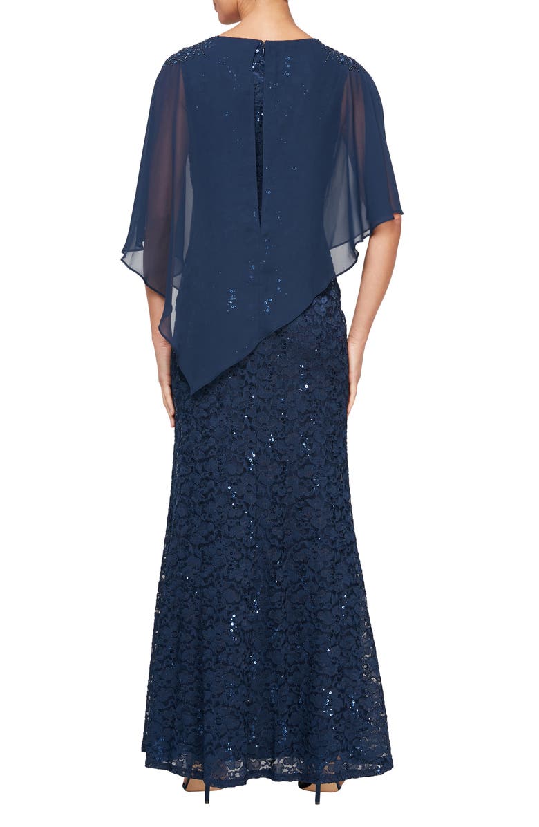 SL FASHIONS Sequin Lace Capelet Dress, Alternate, color, New Navy