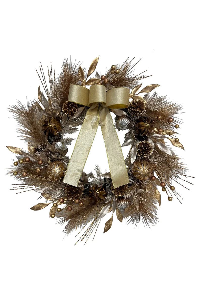 26" Gold Bow Pinecone & Ornament Pre-Lit Wreath, Main, color, Gold