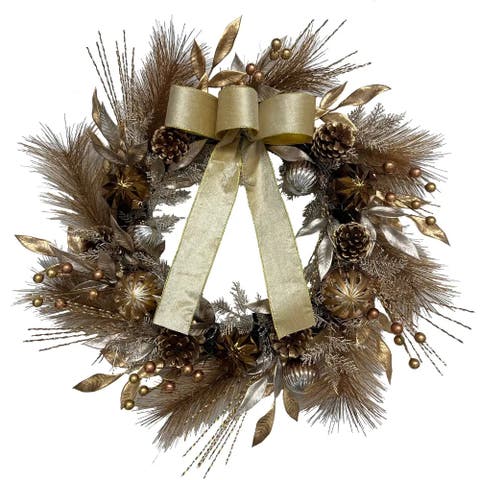 26" Gold Bow Pinecone & Ornament Pre-Lit Wreath
