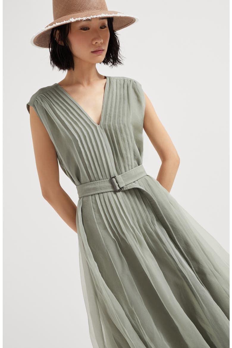 Crispy silk dress with monili, Alternate, color, Olive