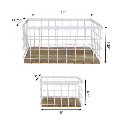 Happimess Evvie Vintage Farmhouse Handmade Wire Metal Nesting Storage Baskets With Wood Base In White