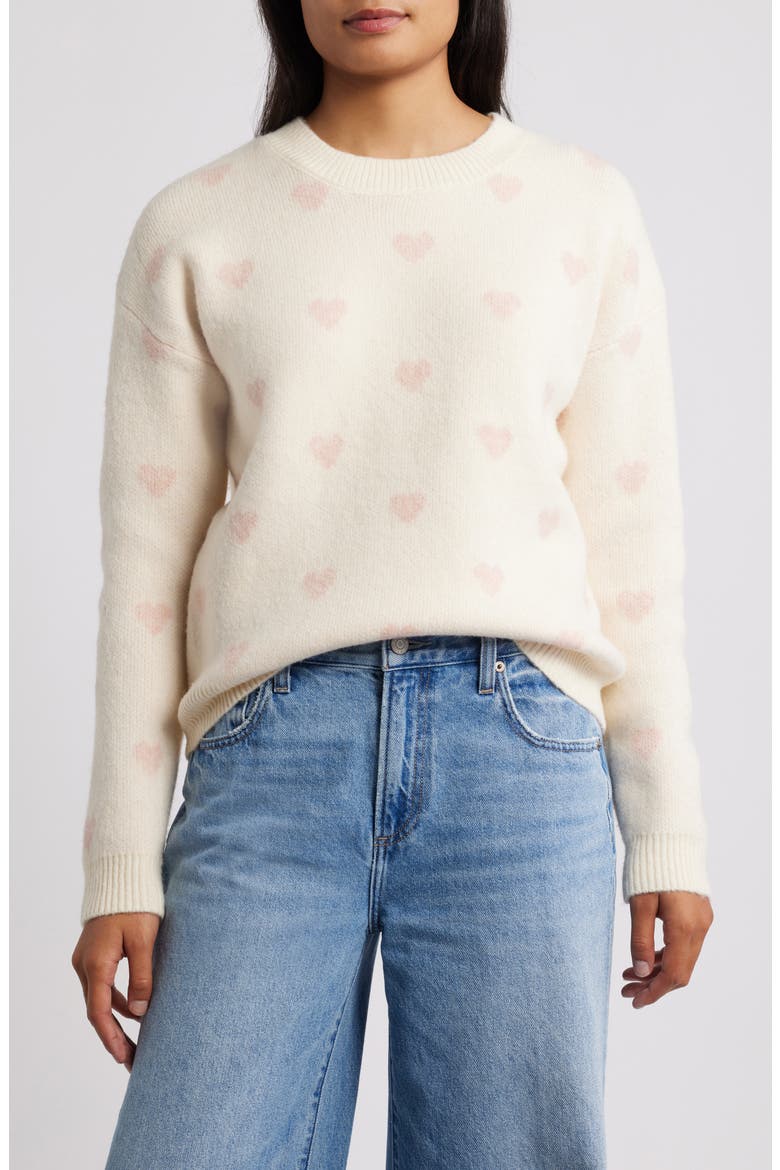 Hearts Jacquard Sweater, Main, color, IVORY/ PINK