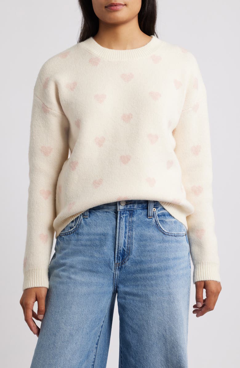 Bobeau Hearts Jacquard Sweater, Main, color, Ivory/ Pink