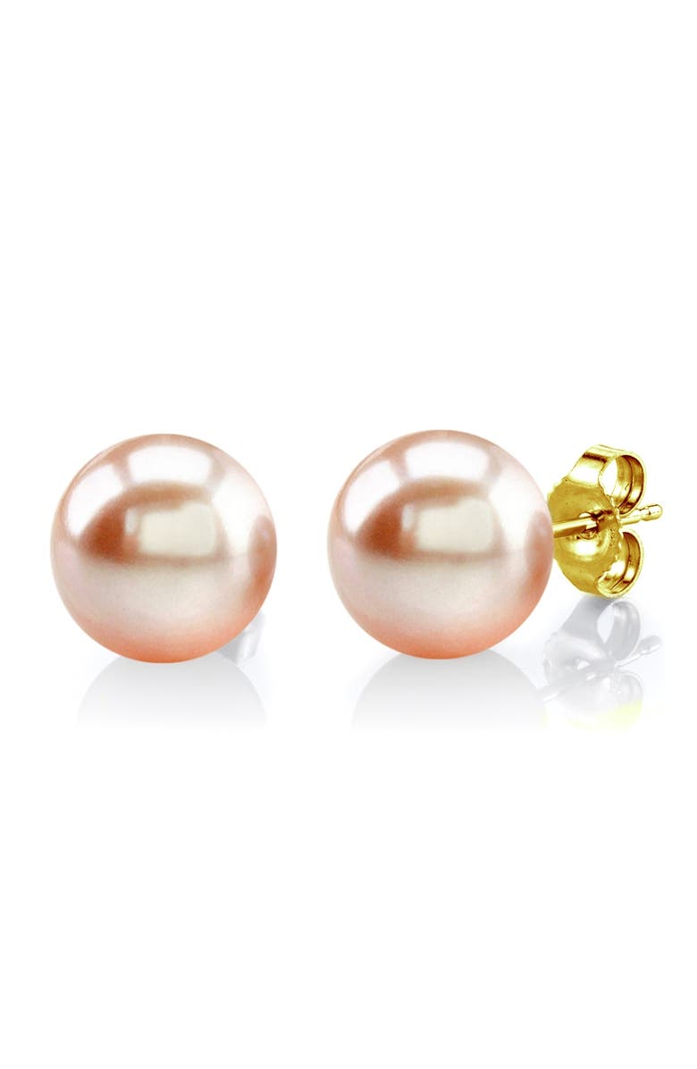 The Pearl Source Freshwater Round Pearl Stud Earrings 10mm, Main, color, Peach Pearl - Yellow Gold