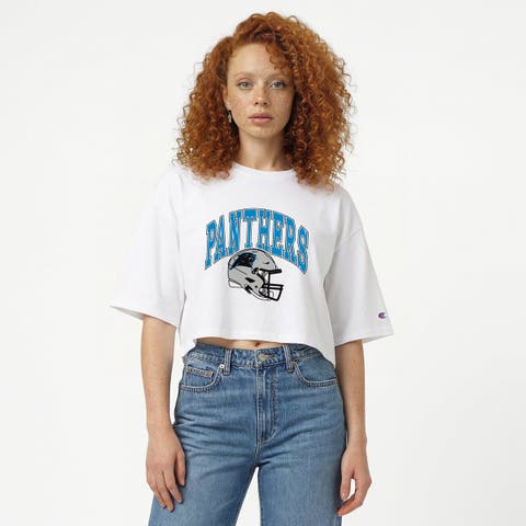 Women's Champion  White Carolina Panthers Boyfriend Cropped T-Shirt