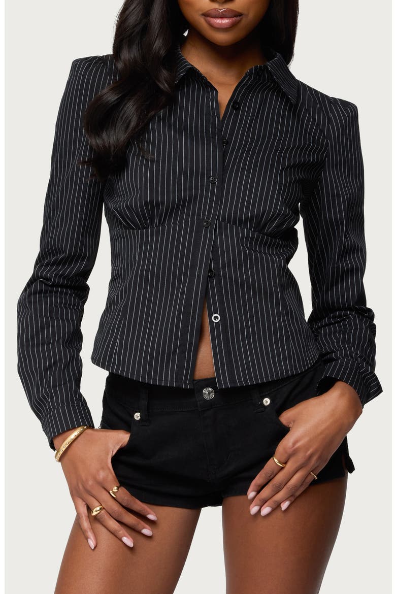 Tailored Pinstripe Button-Up Shirt, Main, color, BLACK
