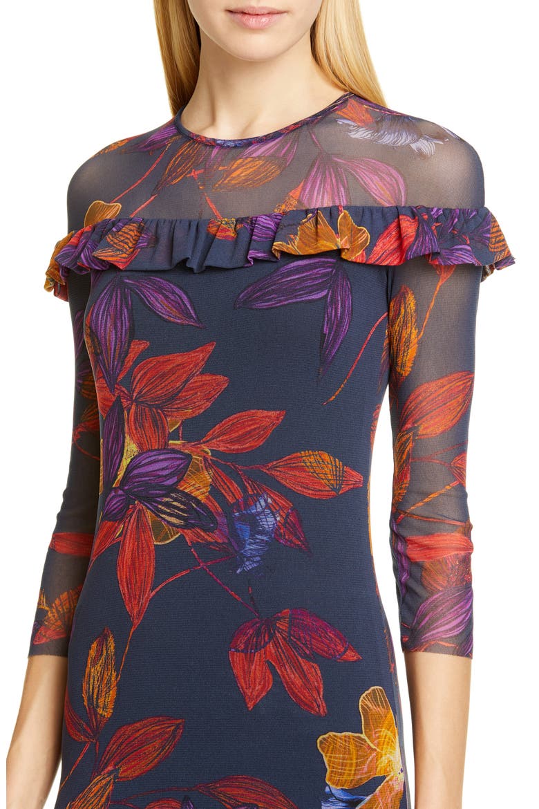 Floral Ruffle Trim Sheer Sleeve Dress, Alternate, color, AVIO