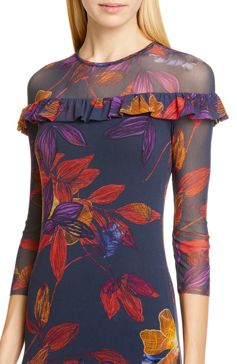 Fuzzi Floral Ruffle Trim Sheer Sleeve Dress, Alternate, color,