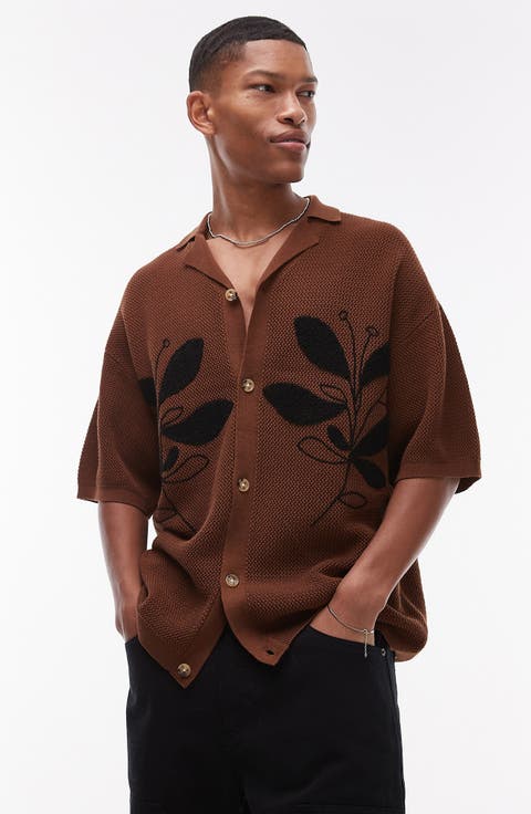 Oversize Floral Appliqué Knit Camp Shirt