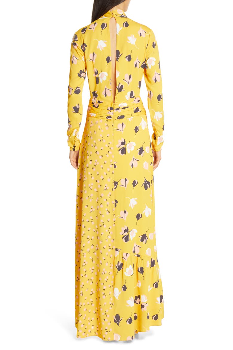 Floral Print Twist Neck Long Sleeve Maxi Dress, Alternate, color, YELLOW