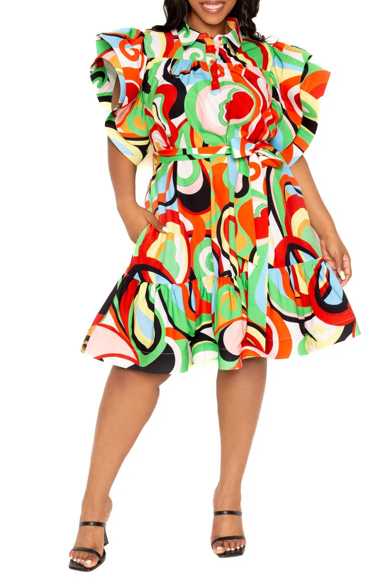 Geometric Print Ruffle Tie Waist Dress, Main, color, GREEN MULTI