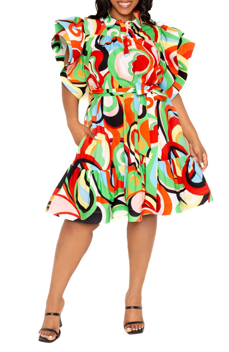 BUXOM COUTURE Geometric Print Ruffle Tie Waist Dress, Main, color,