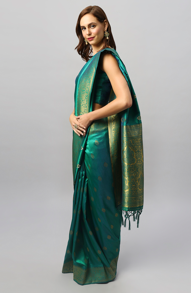 One Minute Saree<sup>®</sup> Yara Green Moss Weave Art Silk Pre-Draped Ready to Wear Sari, Alternate, color, 