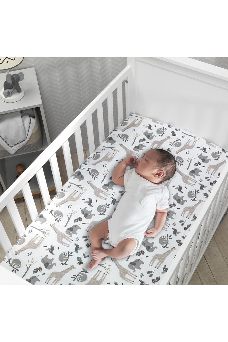 Baby Jungle Animals Cotton Fitted Crib Sheet, Alternate, color, White Multi