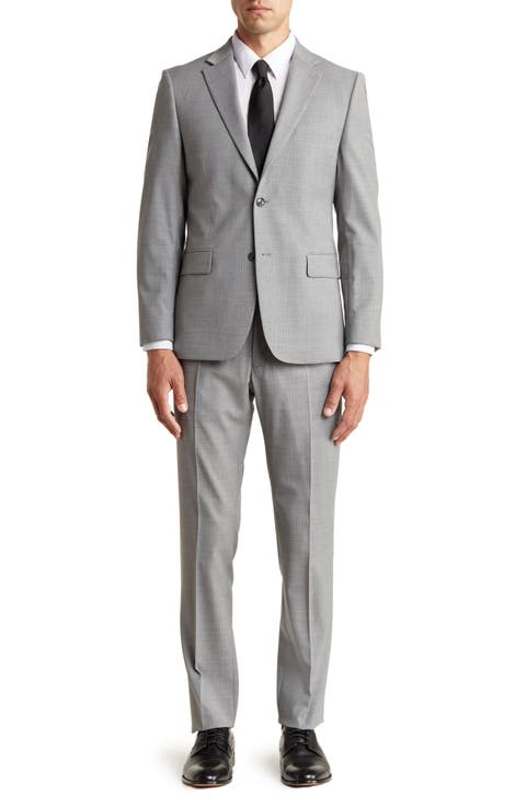 Classic Fit Light Grey Grid Print Wool Blend Suit (Short, Regular & Long)