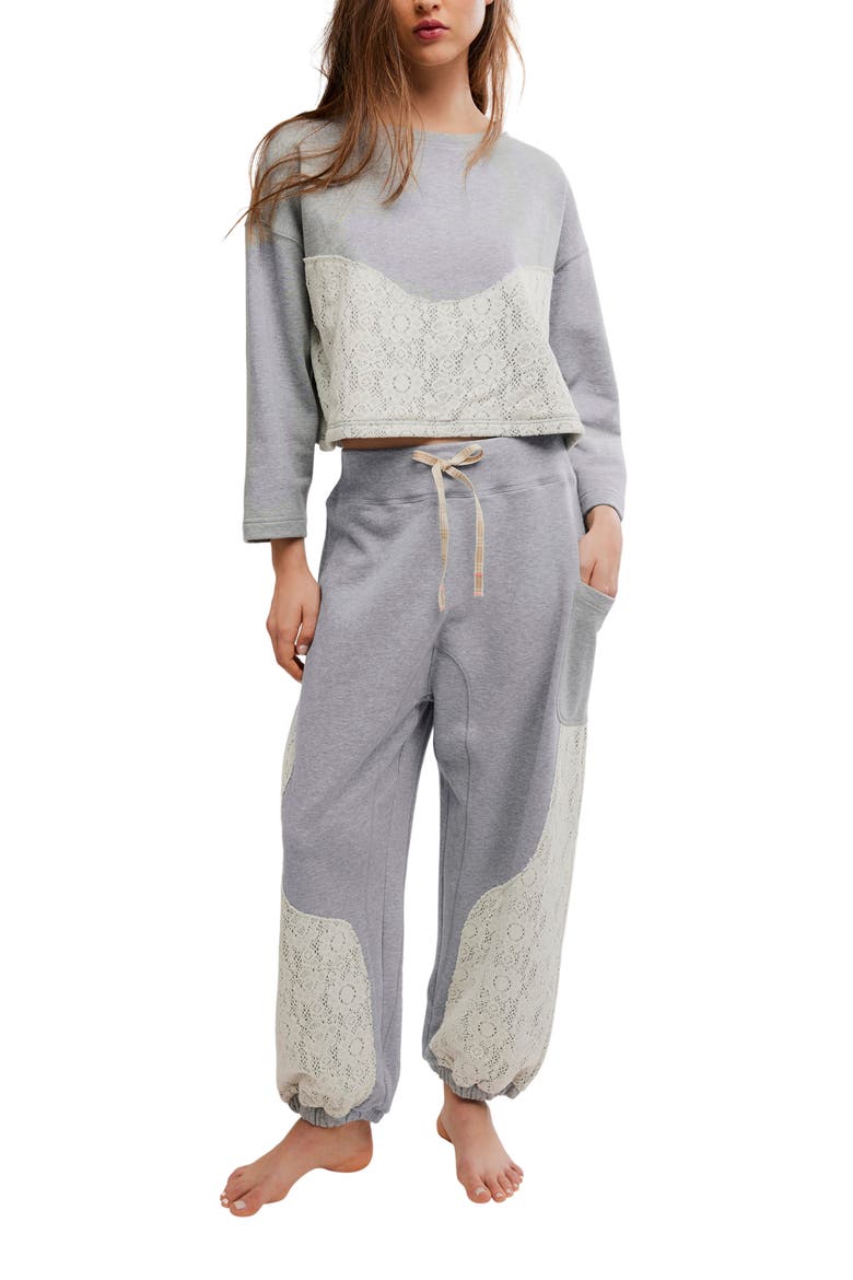 Sunday Best Lace-Trim Pajama Lounge Set, Alternate, color, HEATHER GREY