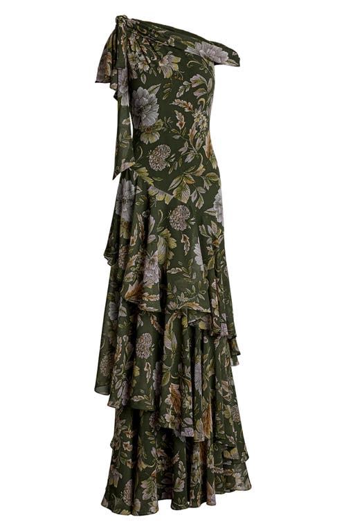 Shop Ralph Lauren Lauren Floral One-shoulder Georgette Gown In Olive Multi