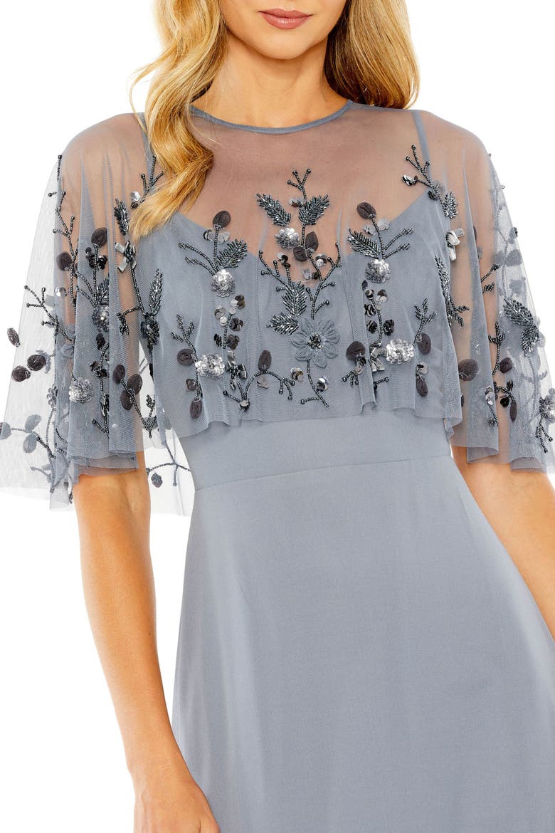 Sleeveless Gown With Embellished Cape, Alternate, color, Slate Blue