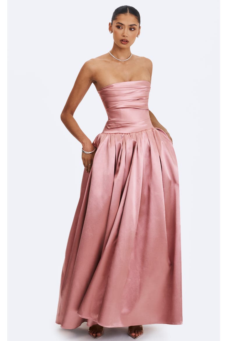 Willette Satin Strapless Gathered Maxi Dress, Alternate, color, Coral