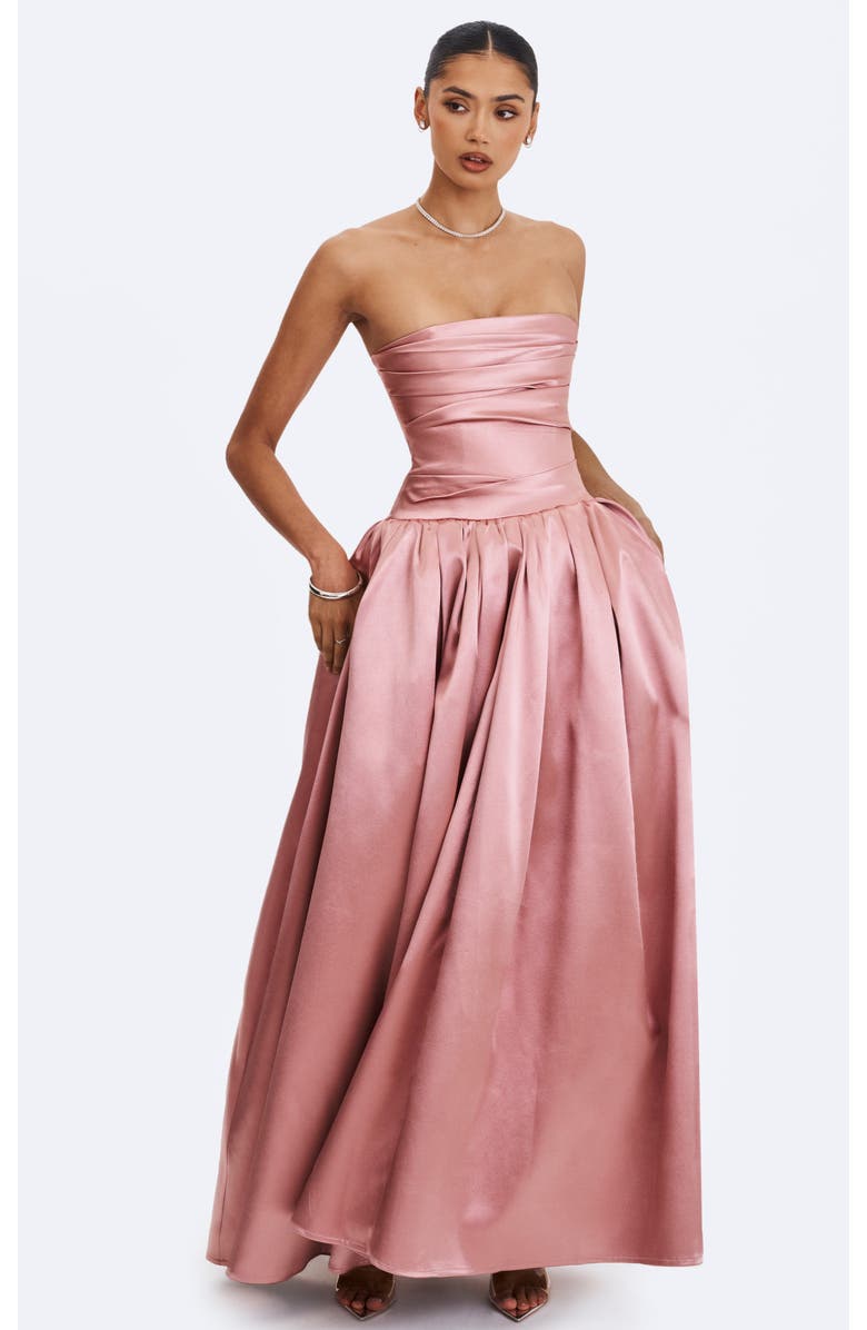 Miss Circle Willette Satin Strapless Gathered Maxi Dress, Alternate, color, Coral