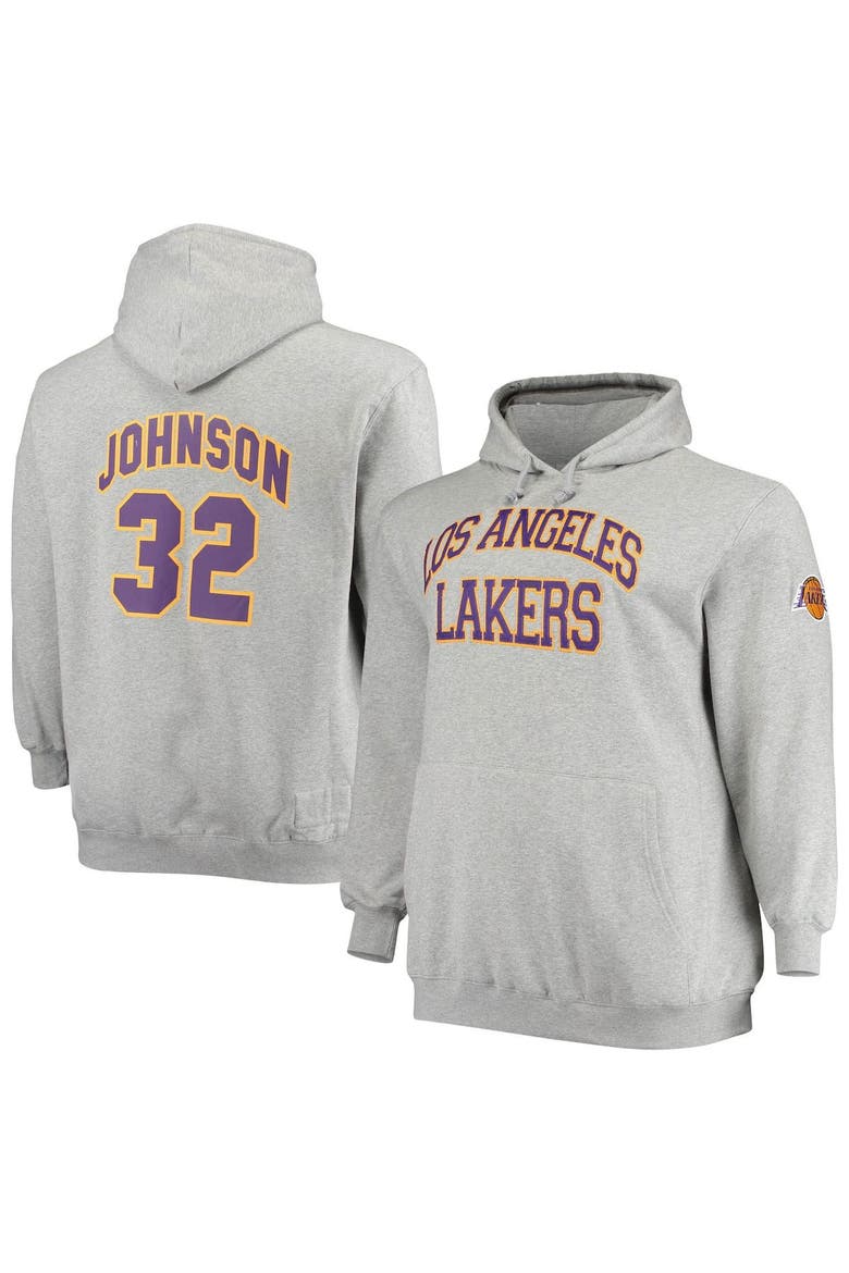 Men's Mitchell & Ness Magic Johnson Heathered Gray Los Angeles Lakers Big & Tall Name & Number Pullover Hoodie, Alternate, color, Heather Gray