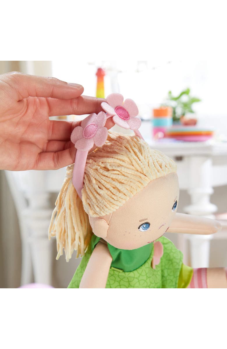 HABA 12" Soft Doll Mali with Blonde Hair and Blue Eyes, Soft Toddler Baby Dolls with Embroidered Face, Machine Washable Toddler Girl Toys for 18 mo+, Alternate, color, Green Multi