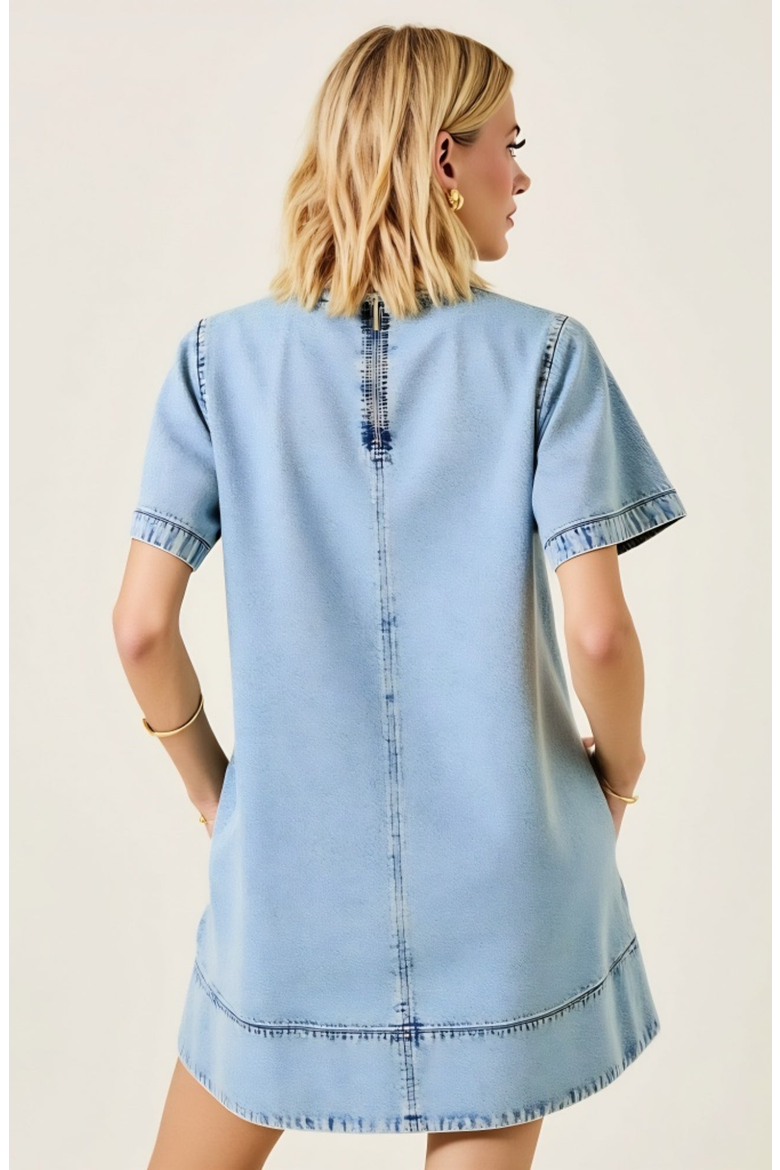 Denim Mini Dress with Pockets, Alternate, color, Light Blue