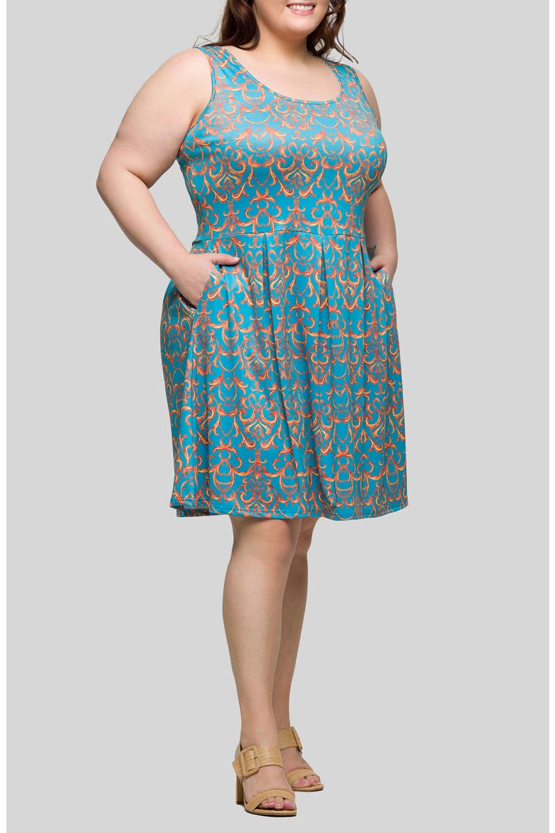 Filigree Print Fit & Flare Dress, Alternate, color, BLUE MULTI