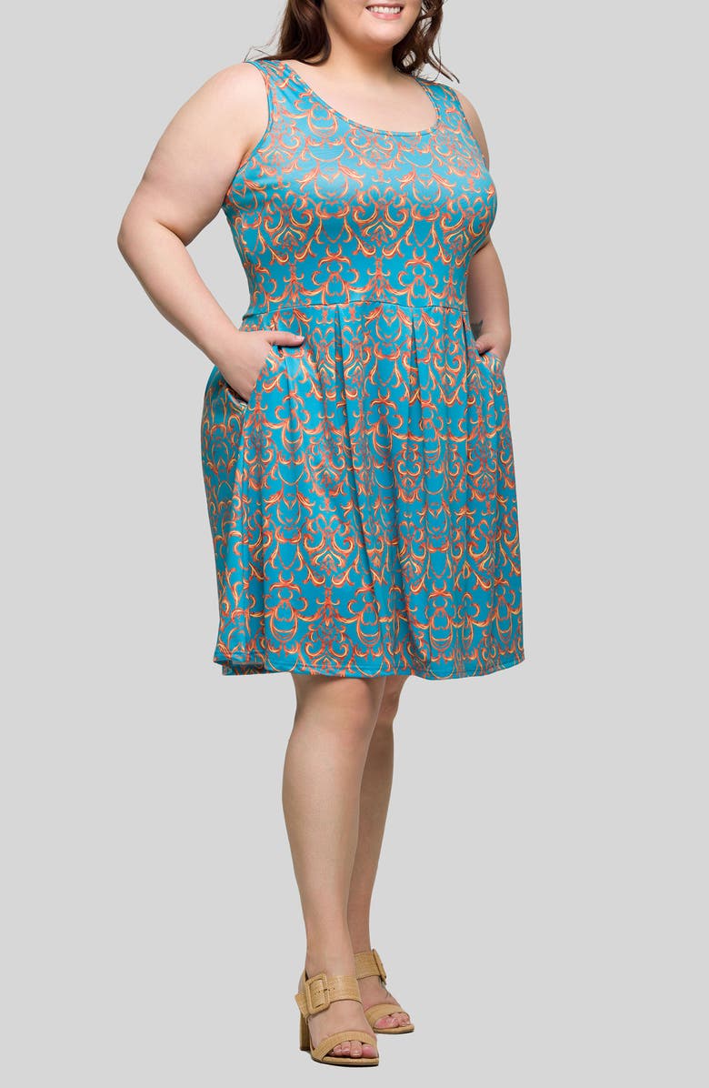 24seven Comfort Apparel Filigree Print Fit & Flare Dress, Alternate, color, Blue Multi