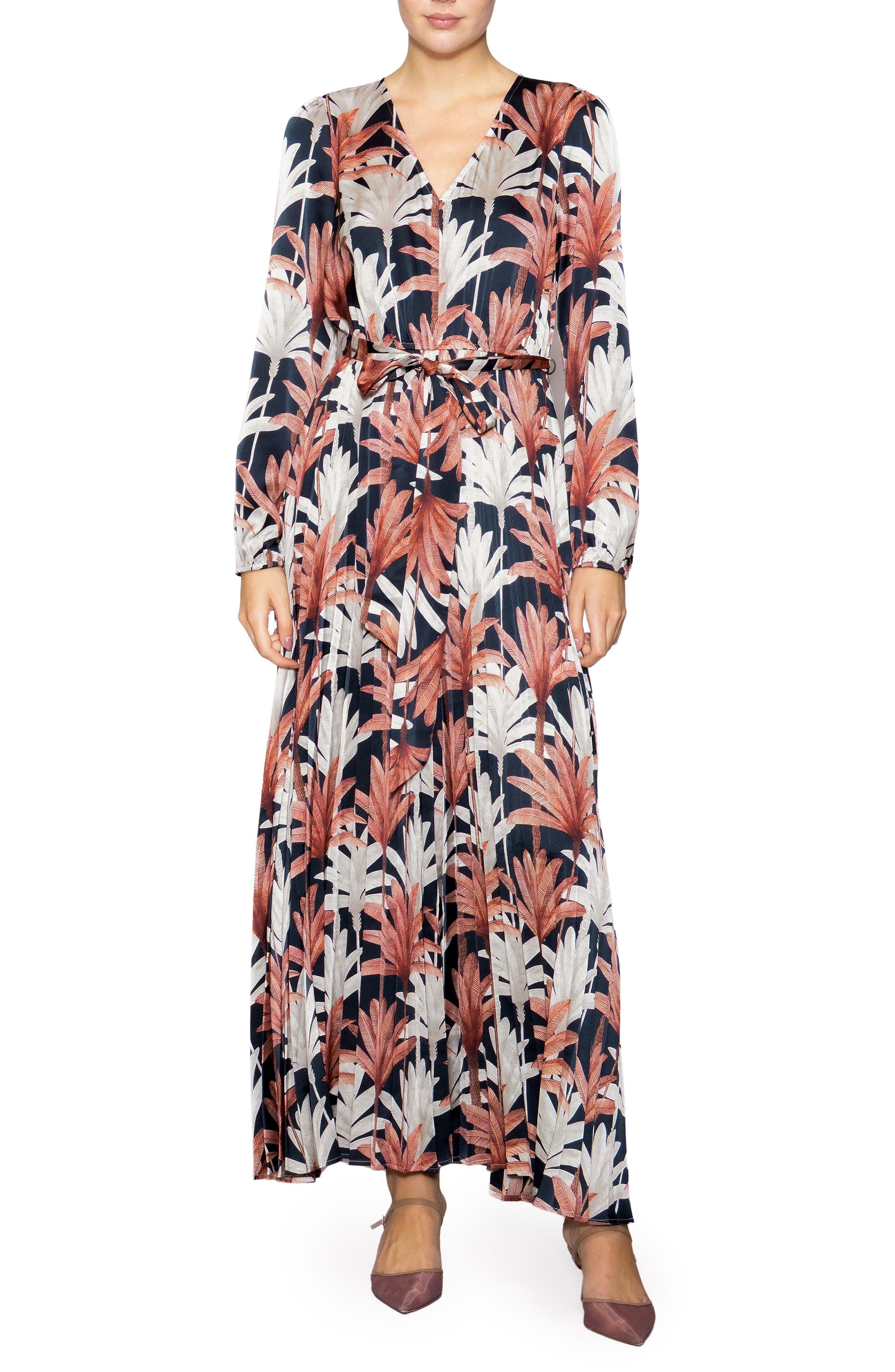 MELLODAY Botanical Tie Waist Pleated Maxi Dress