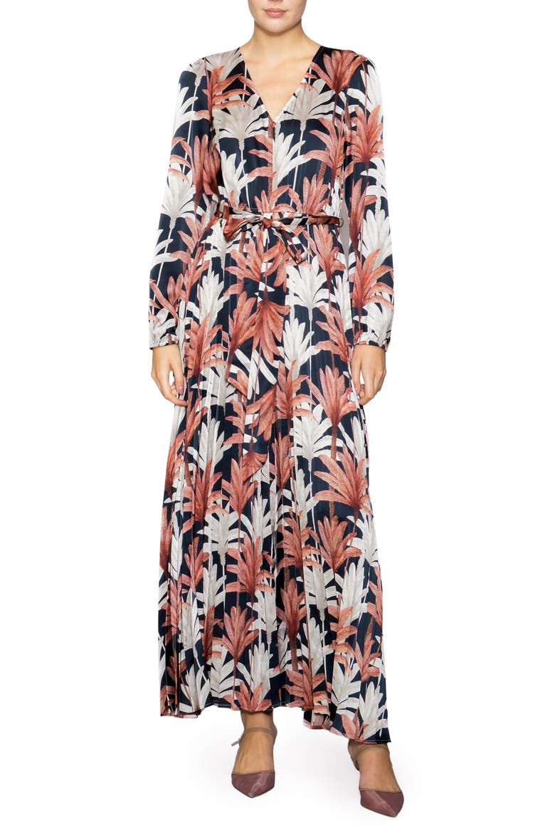 Botanical Tie Waist Pleated Maxi Dress, Main, color, NAVY MULTI LEAF