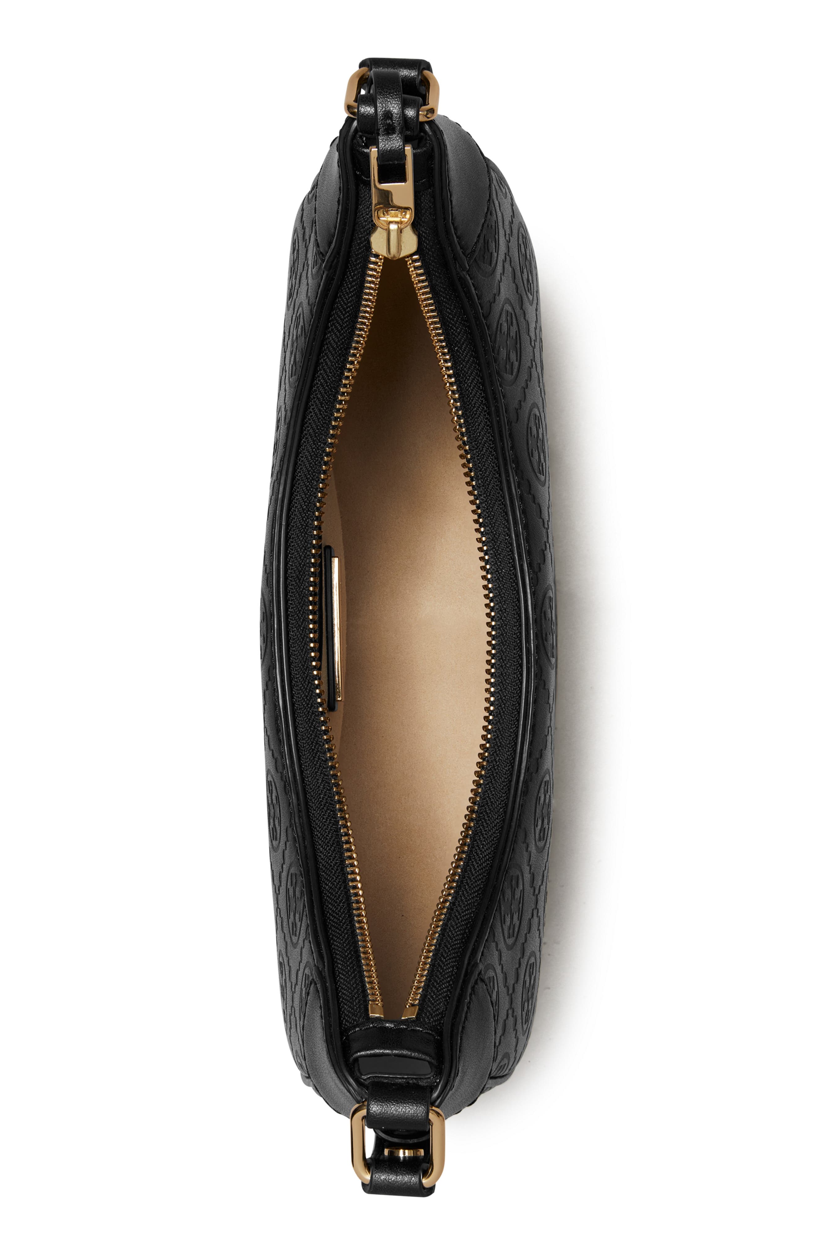 Tory Burch T-Monogram Embossed Crescent Shoulder Bag, Alternate, color, Black