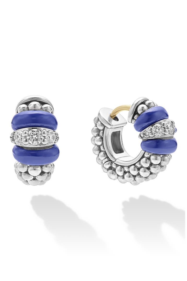 Blue Caviar Diamond & Ceramic Huggie Hoop Earrings, Main, color, MARINE