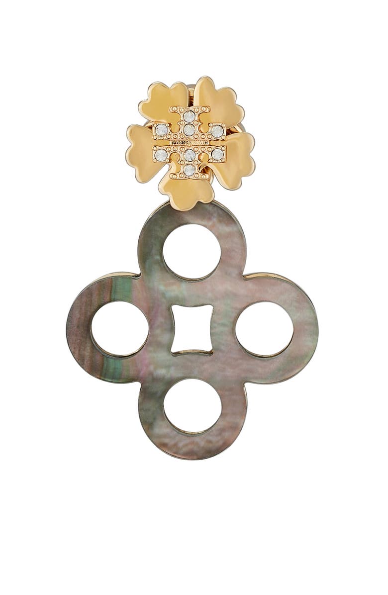 Tory Burch Kira Clover Pavé Front/Back Earrings, Alternate, color, Tory Gold / Brown