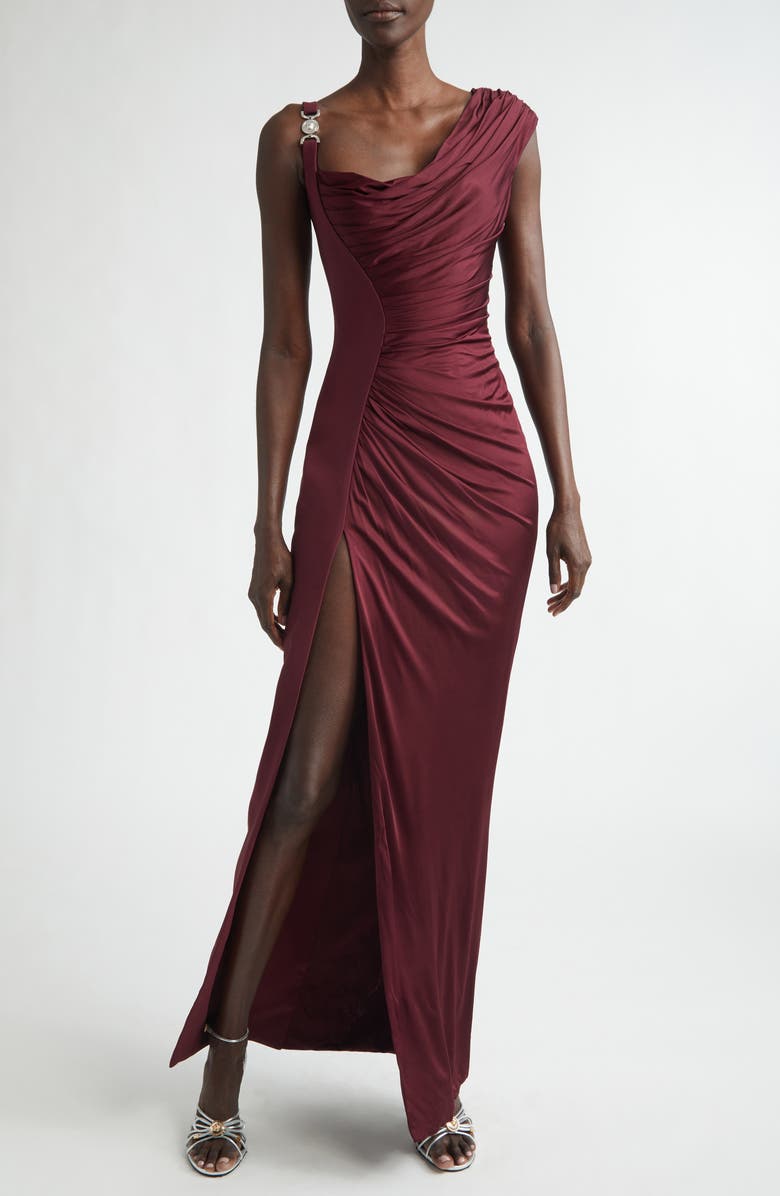 Versace Medusa '95 Draped Crepe & Jersey Gown, Main, color, Burgundy