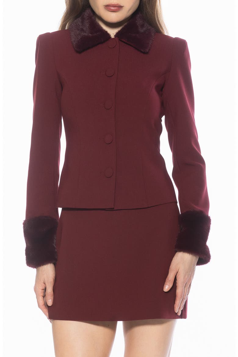 Fran Faux Fur Trim Twill Jacket, Main, color, BURGUNDY