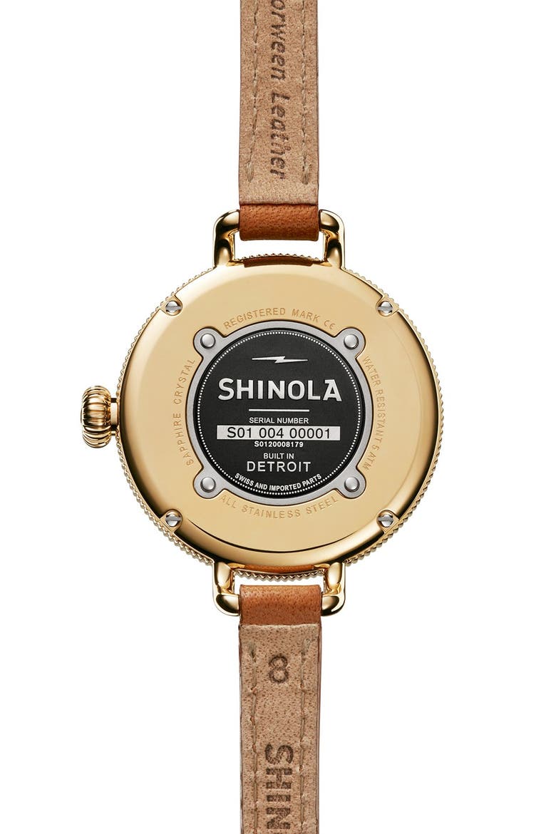 The Birdy Moon Phase Leather Strap Watch, 34mm, Alternate, color, BROWN/ WHITE/ GOLD