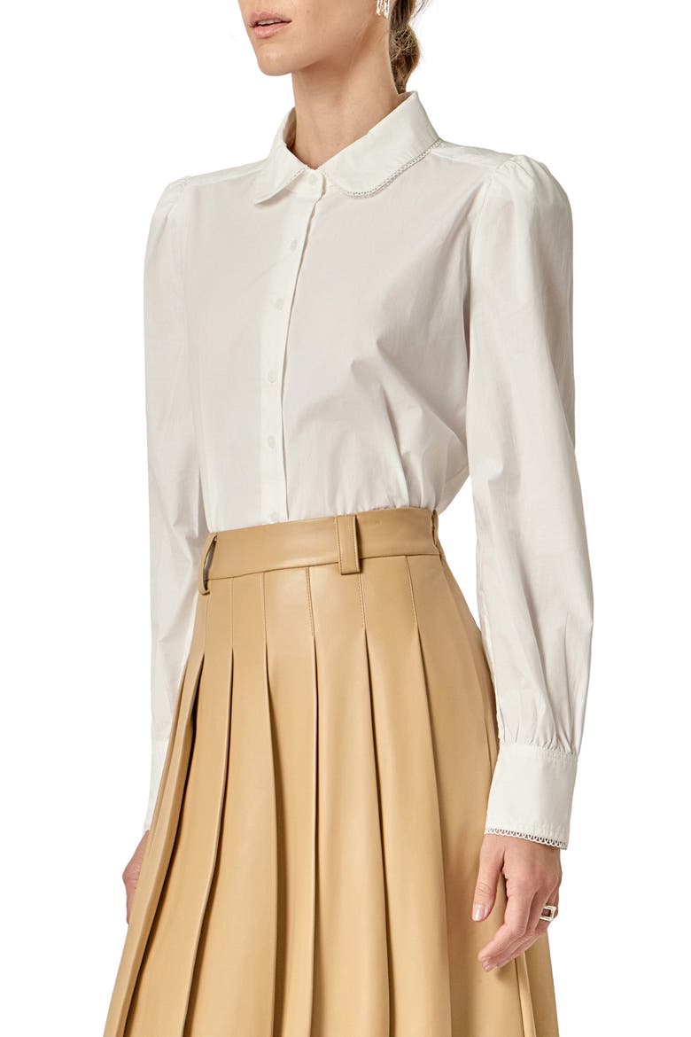 Lace Trim Button-Up Shirt, Alternate, color, WHITE