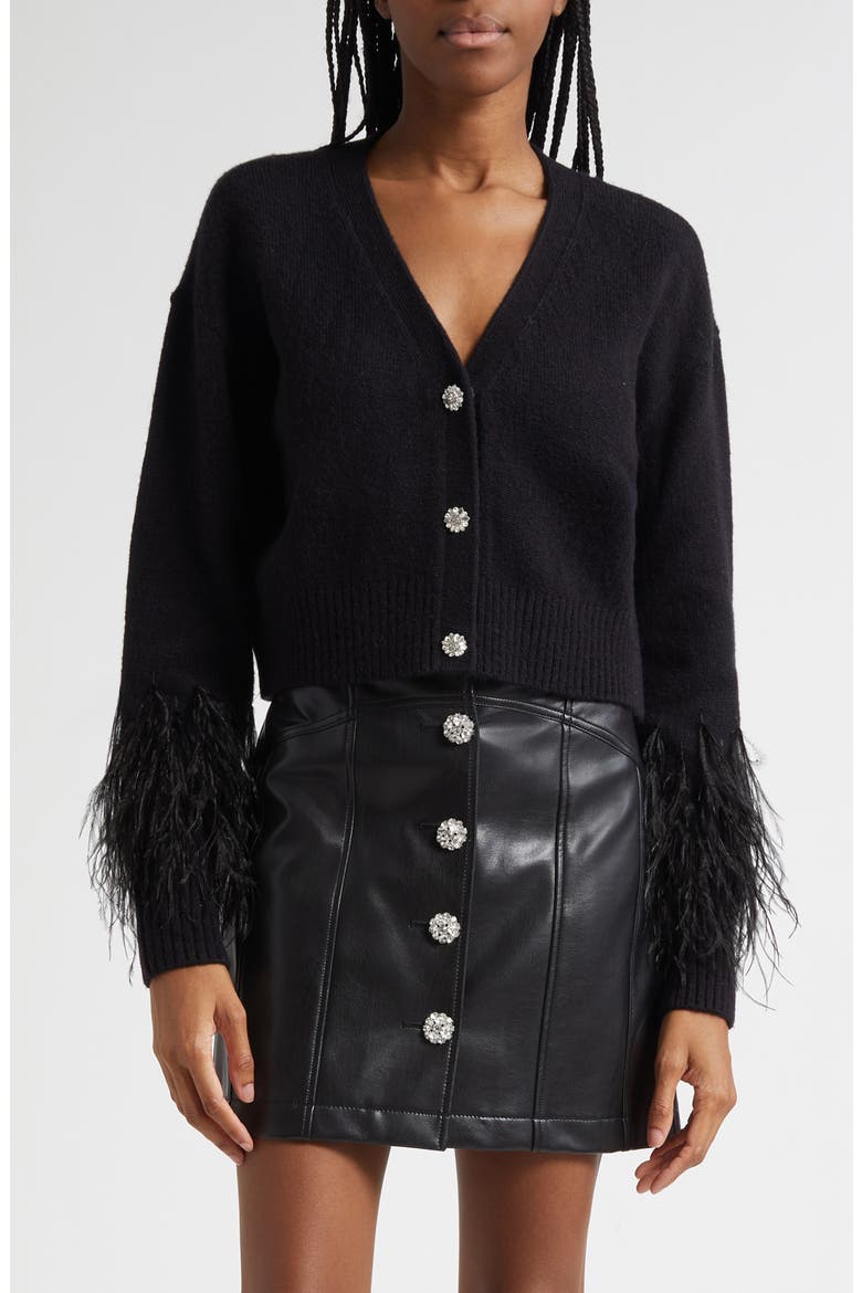 Briana Feather Trim Cardigan, Main, color, BLACK
