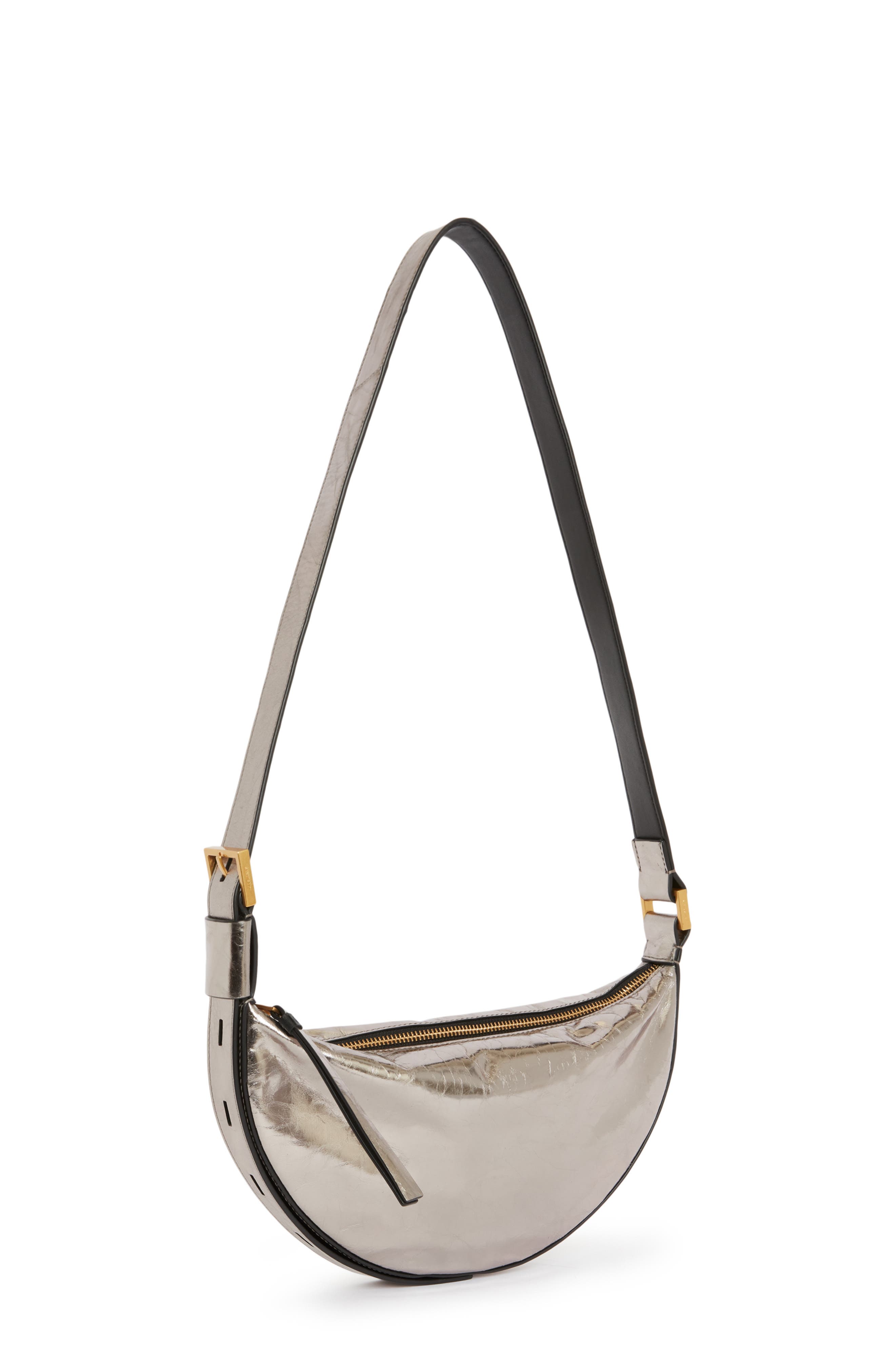 AllSaints Half Moon Metallic Leather Crossbody Bag, Alternate, color, 