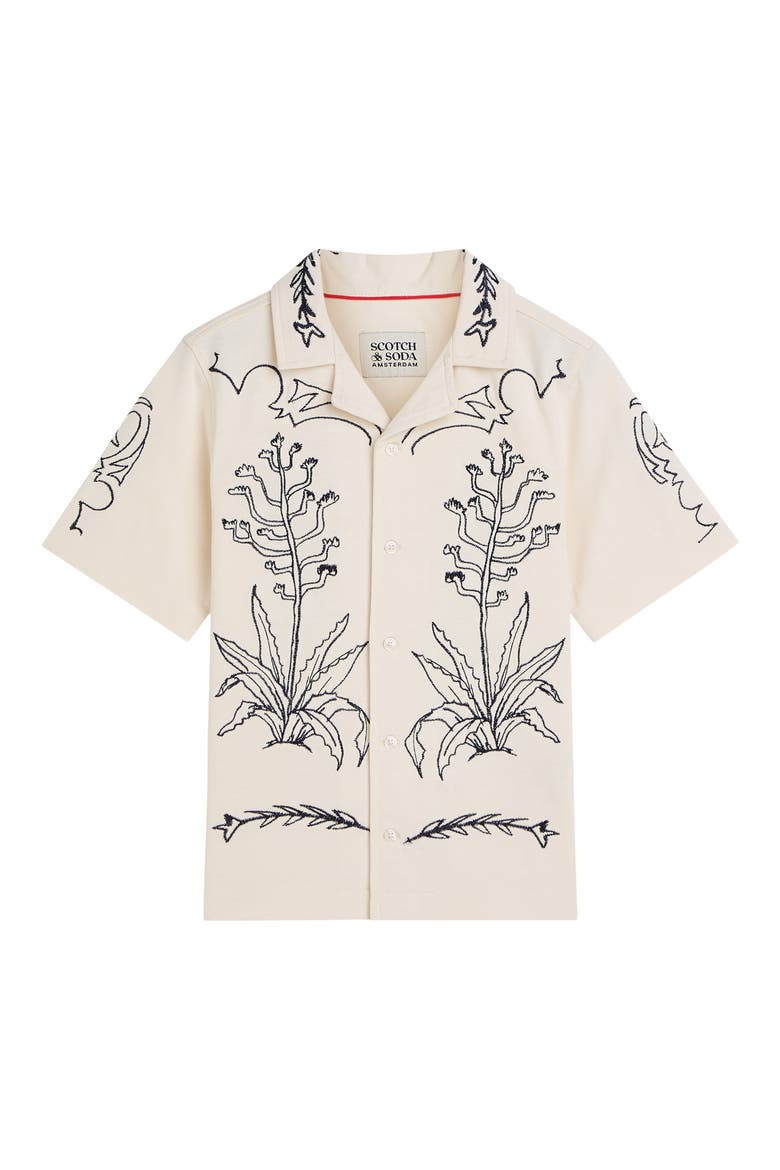 Kids' Embroidered Print Cotton Button-Up Camp Shirt, Main, color, EGGNOG