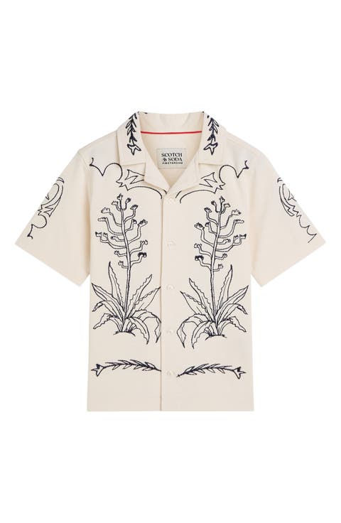 Kids' Embroidered Print Cotton Button-Up Camp Shirt (Big Kid)