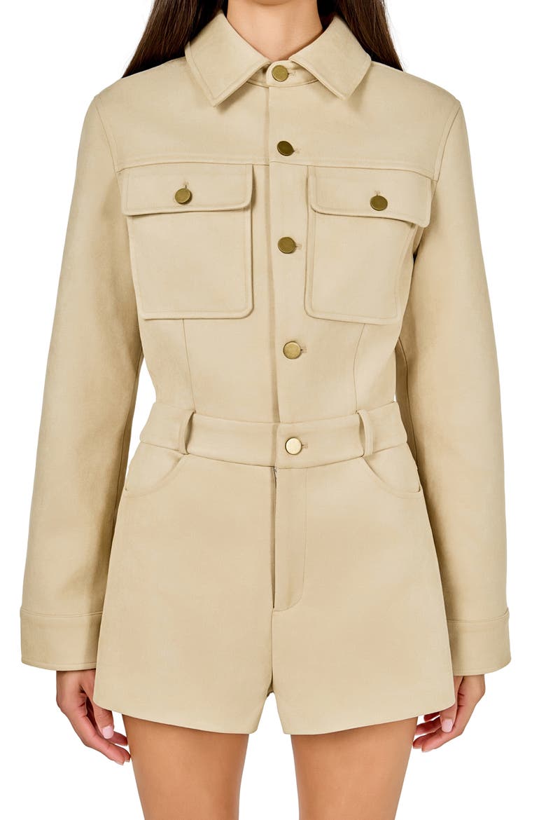 Faux Suede Long Sleeve Romper, Alternate, color, BEIGE
