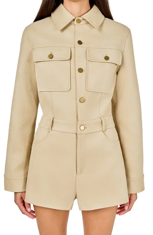 Endless Rose Faux Suede Long Sleeve Romper In Neutral