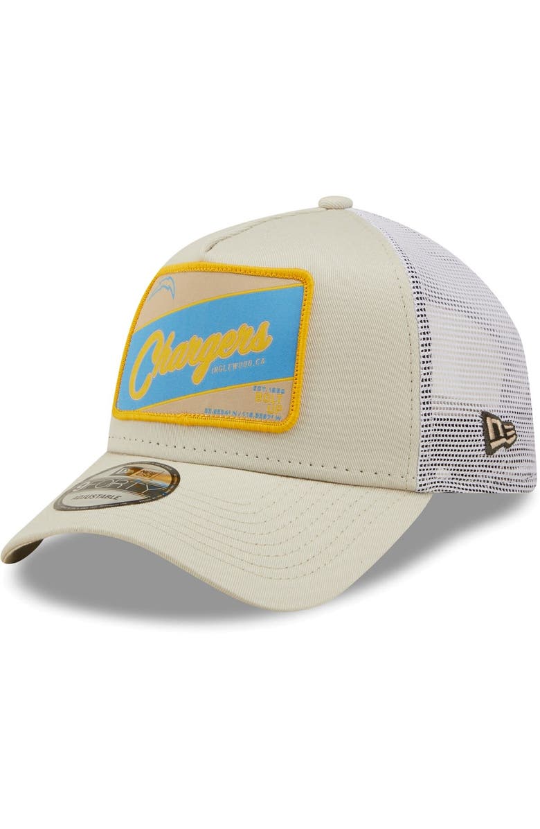 New Era Men's New Era Khaki/White Los Angeles Chargers Happy Camper A-Frame Trucker 9FORTY Snapback Hat, Main, color, 