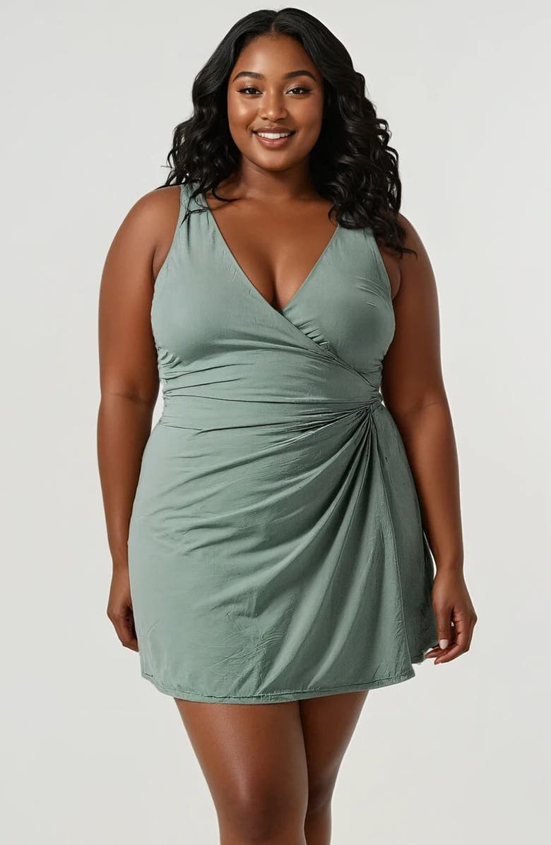 Calypsa Plus Size Alana Wrap-Style Swim Dress With Hidden Bottoms and Adjustable Straps, Main, color, Sage Green