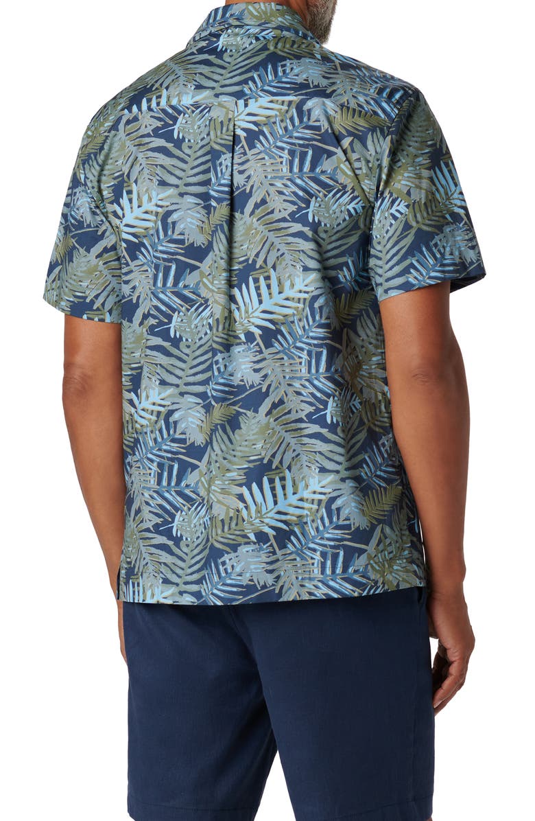 Bugatchi Orson Frond Print Shaped Fit Camp Shirt, Alternate, color, Navy