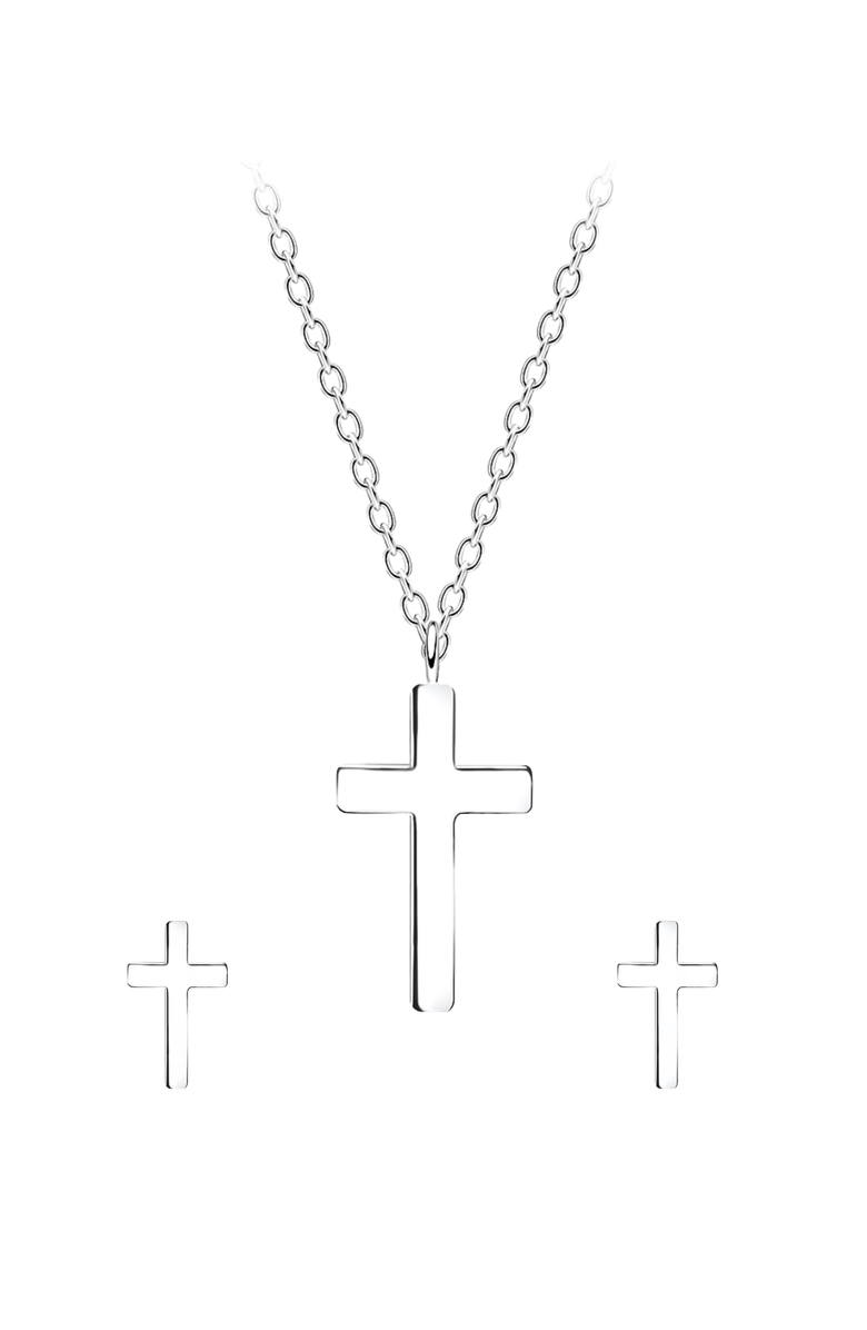 Little Miss Zoe Kids' Cross Necklace and Earrings Gift Set, Alternate, color, Silver