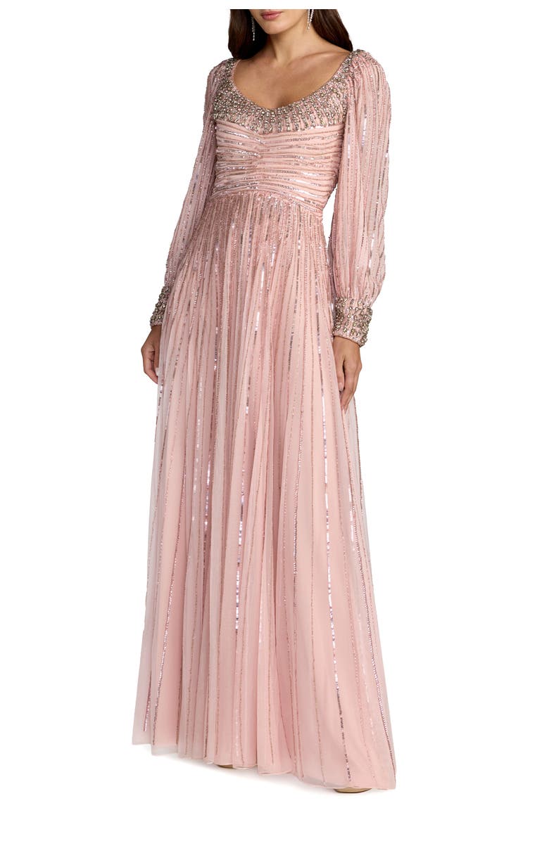 Mac Duggal Embellished Long Sleeve Scoop Neck A-Line Gown, Main, color, Light Rose